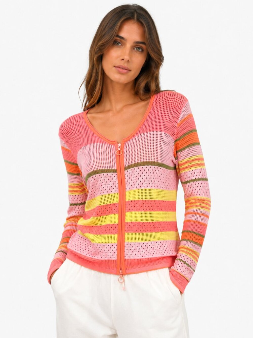 SPORTALM KITZBUHEL DAVINA COLORFUL OPEN KNIT SATIN FLORAL PANEL ZIP UP JACKET